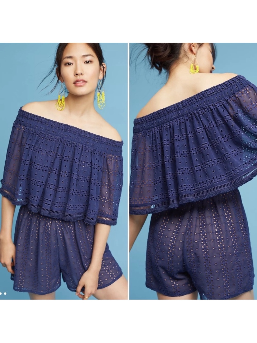 Ranna Gill Blue Eyelet Off Shoulder Romper Small Boho Lined Resort
